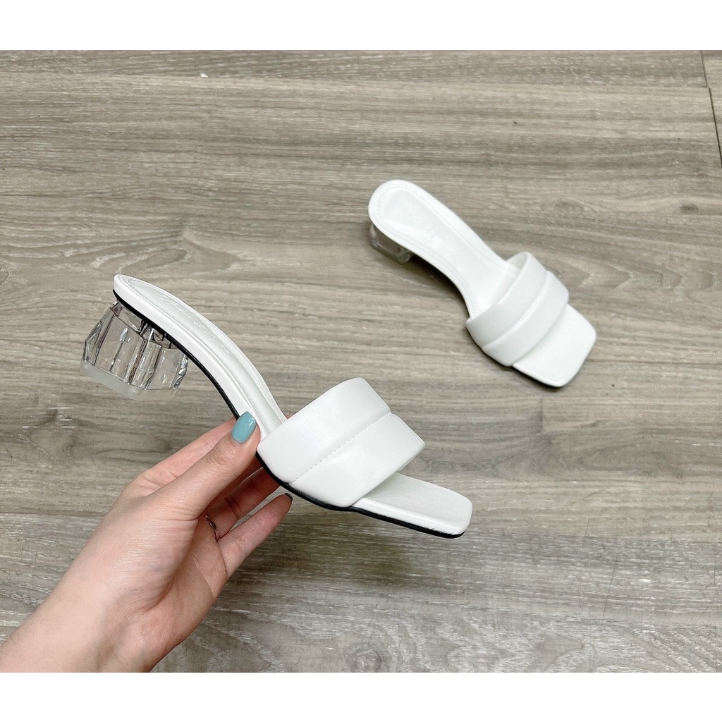Dép quai bản phồng da lì gót vuông trong 5cm đơn giản