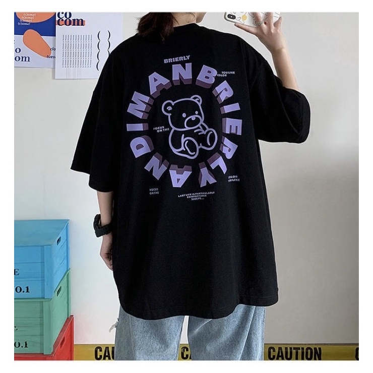 Áo thun tay lỡ nam nữ, áo phông unisex form rộng chất cotton mát mịn thấm hút mồ hôi in hình gấu xinh