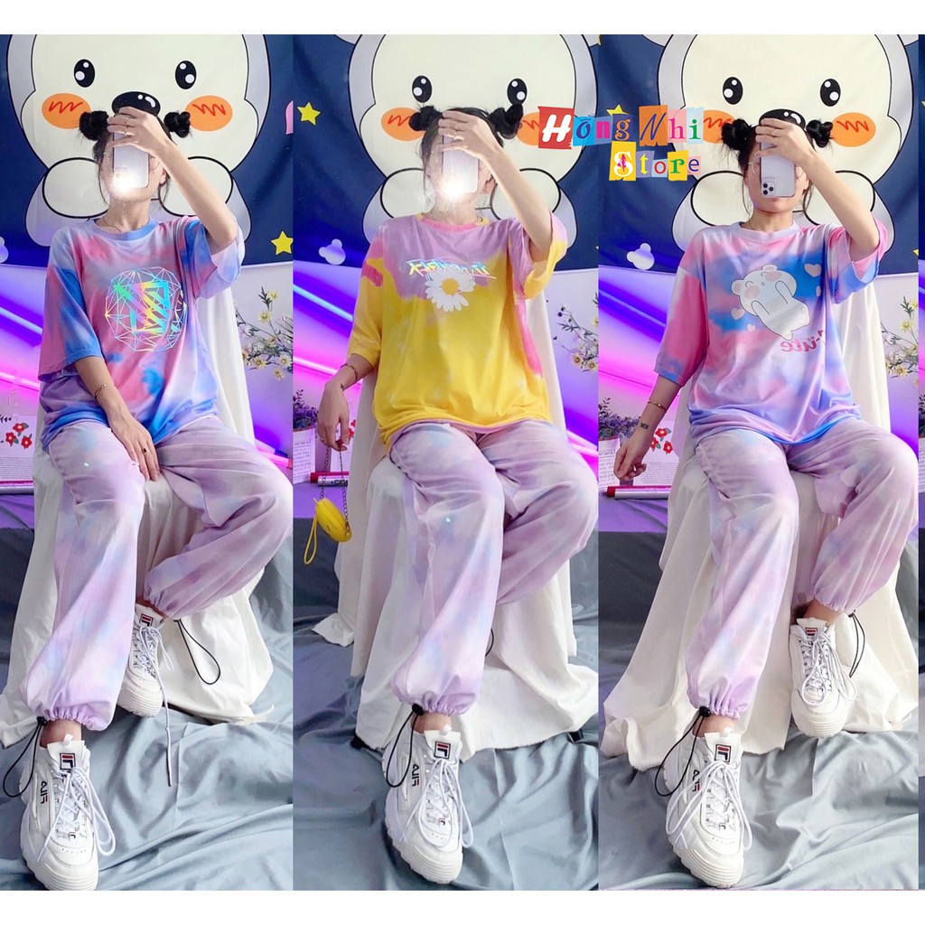 Set Bộ Áo Thun Tay Lỡ In Hình Tie Tee Phối Quần Jogger 3D Dây Rút Ulzzang Unisex Dáng Rộng - MM