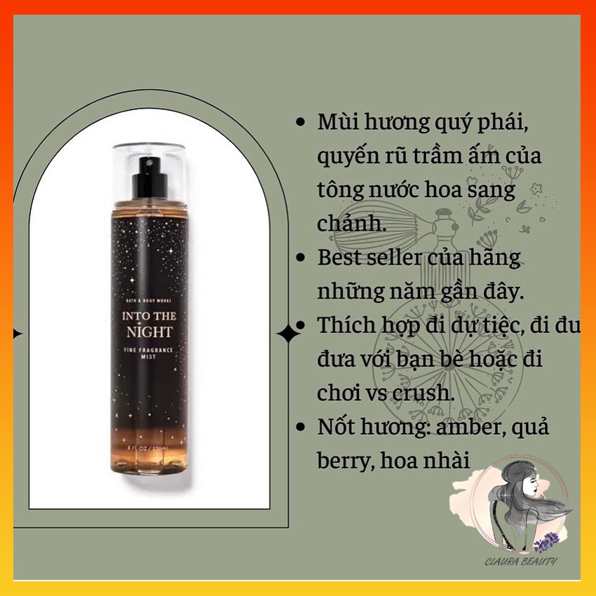 Body Mist  Xịt Khử Mùi Toàn Thân INTO THE NIGHT 236ML, Nước Hoa Thơm Lâu Chính Hãng CLAURA BEAUTY