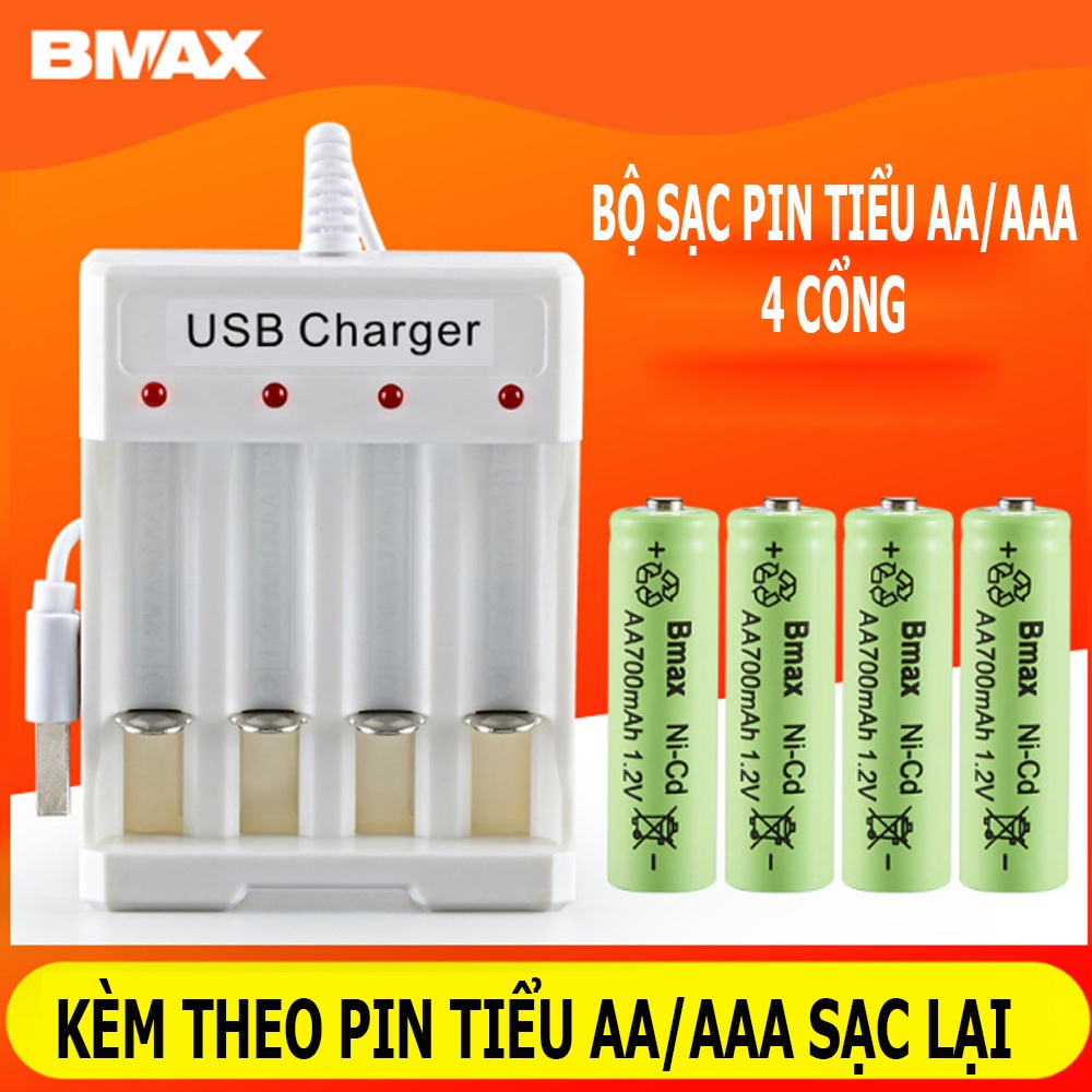 Combo Bộ sạc pin tiểu AA AAA 4 cổng Bmax B04 kèm theo 04 viên pin sạc lại AA/AAA