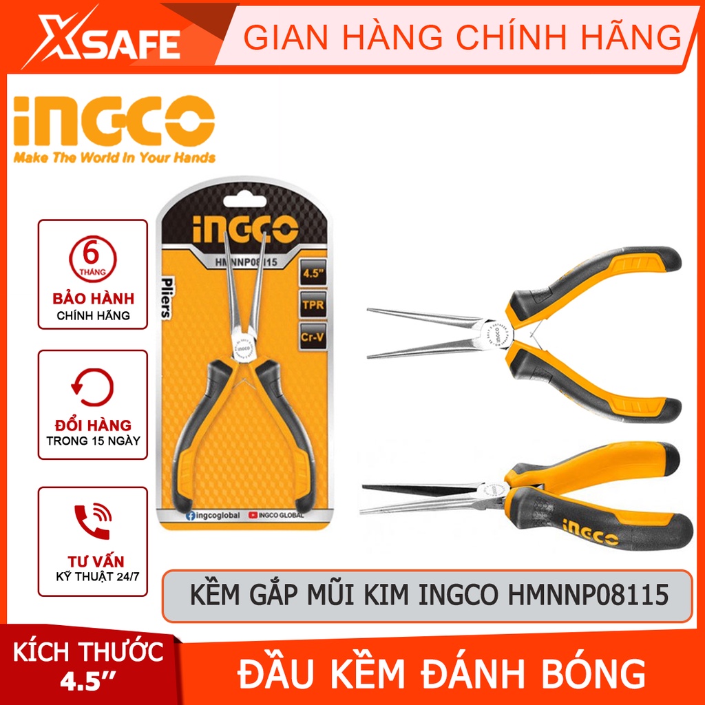 Kìm gắp mũi kim mini INGCO HMNNP08115 4.5 inch Kềm mini đầu kềm được đánh bóng và chống gỉ, tay cầm hai màu - [XSAFE]