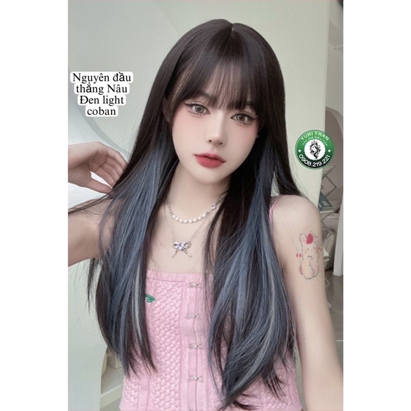 TÓC GIẢ CHÍNH CHỦ YURI TRAN( ảnh thật) tóc dáng thẳng phối light xanh coban, nền tóc nâu đen tự nhiên, tặng lưới