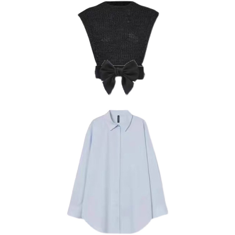 Blackpink Jennie Set Áo Sơ Mi Tay Dài Dáng Rộng Màu Đen + Áo Vest Len Sát Nách Đính Nơ Màu Đen