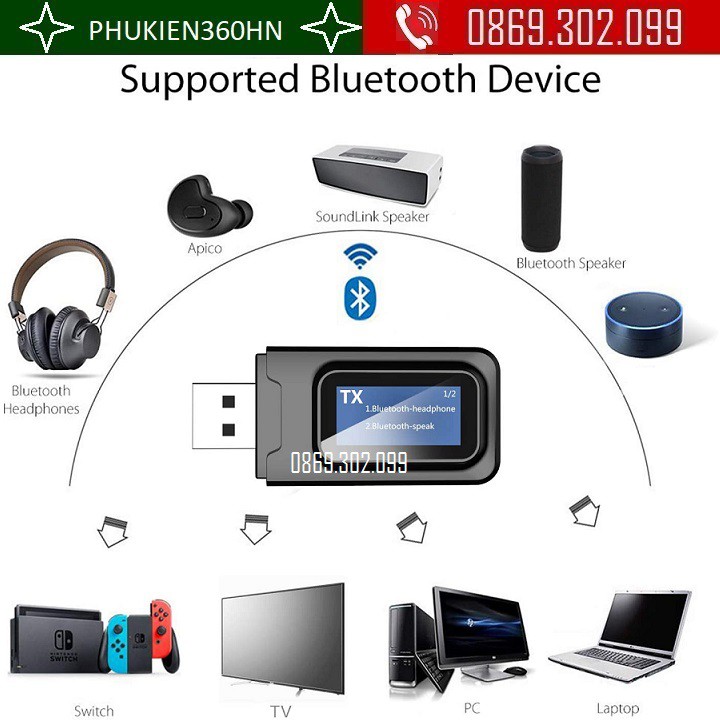 Bộ thu phát nhạc Bluetooth 5.0 có màn hình hiển thị BT - 2 in 1