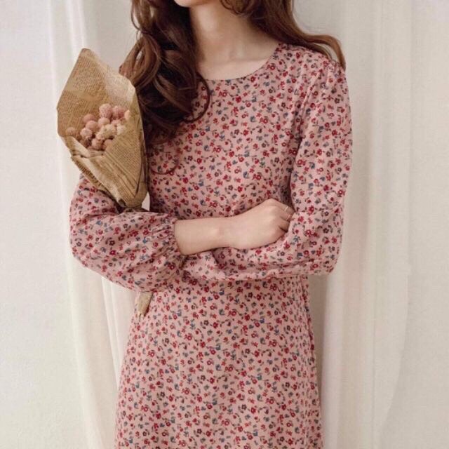 Váy hoa nhí dài tay cổ tròn ngang gối Ulzzang Hàn Quốc