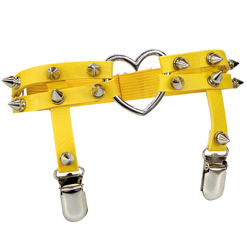 Kẹp tất dạng đai bằng da nhân tạo phối đinh tán hình trái tim kiểu gothic punk có thể điều chỉnh chống trượt cho nữ