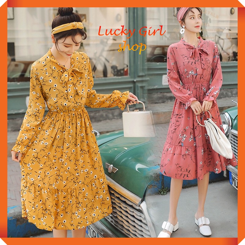 Đầm Thun Tiểu Thư Tay Dài Cổ Cột Nơ Xinh Xắn - Hàng Nhập Quảng Châu - Lucky Girl shop