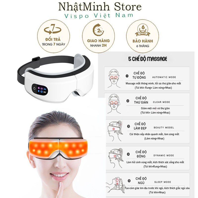 Máy Massage Mắt Không Dây Smart Bluetooth, Kính Massage Mắt, Máy Mát Xa Áp Suất Túi Khí Kèm Nhiệt - Tích Hợp Nghe Nhạc