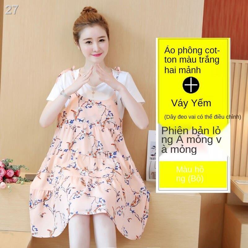 phương Tây quần áo bà bầu mùa hè thun cotton tinh khiết phù hợp với ngắn tay cổ tròn treo váy