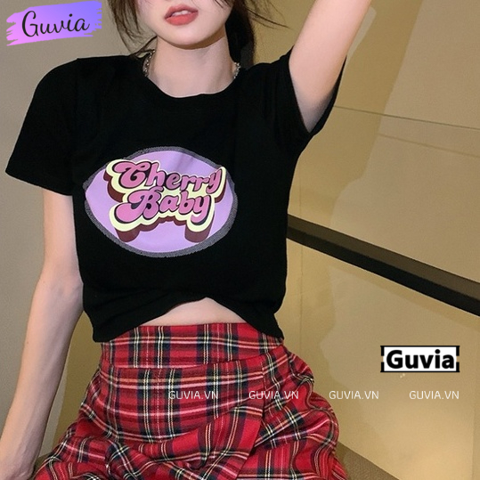 Áo Croptop Ôm Body Nữ CHERRY BABY Cổ Tròn Tay Ngắn, Áo Thun Croptop Kiểu In Họa Tiết GUVIA CR86