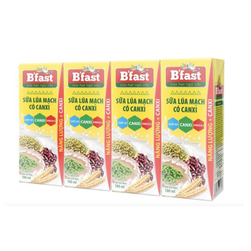 Lốc 4 hộp Sữa lúa mạch Canxi B'fast 180ml