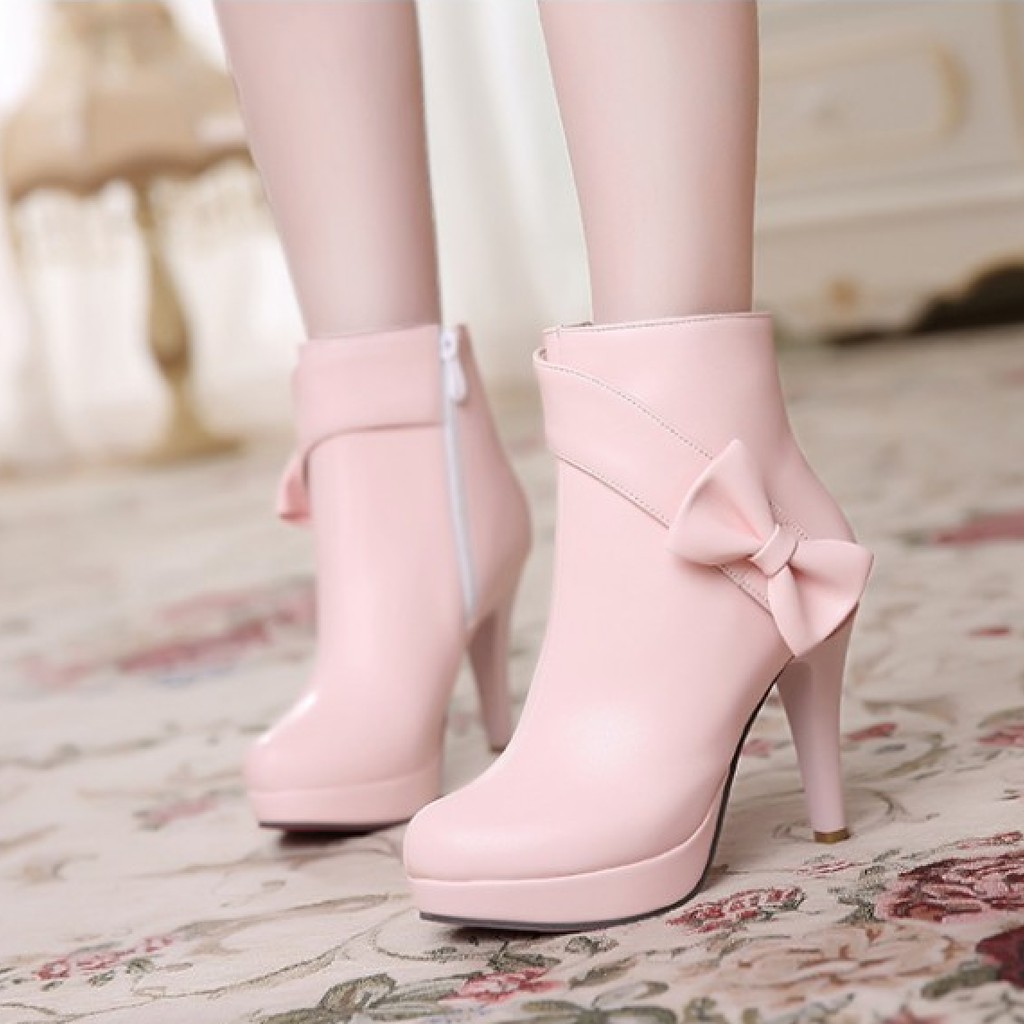 (Size 35) Boot nữ màu hồng cao gót đính nơ xinh xắn GBN4401