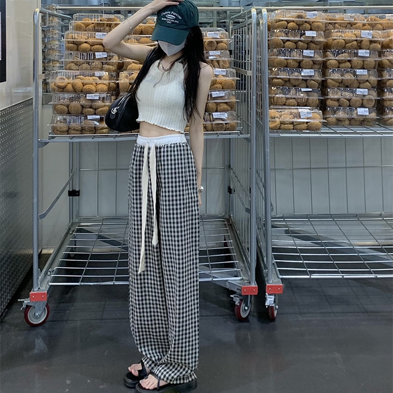 Quần Dài Ống Rộng Họa Tiết Ca Rô Thời Trang Dành Cho Nữ