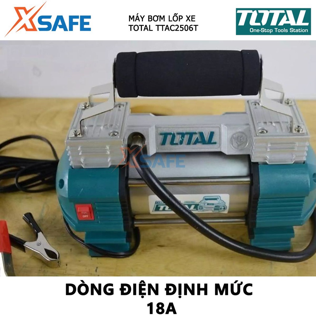 Máy bơm lốp xe ô tô TOTAL TTAC2506 Dụng cụ kiểm tra hơi lốp xe 12V, dòng điện định mức 18A, nén khí nhiều công dụng