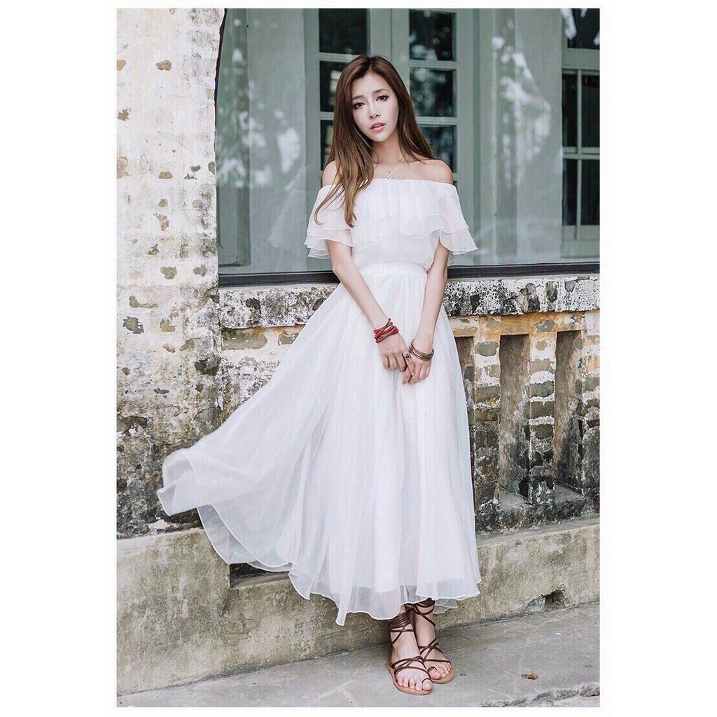 Đầm Maxi voan bẹt vai