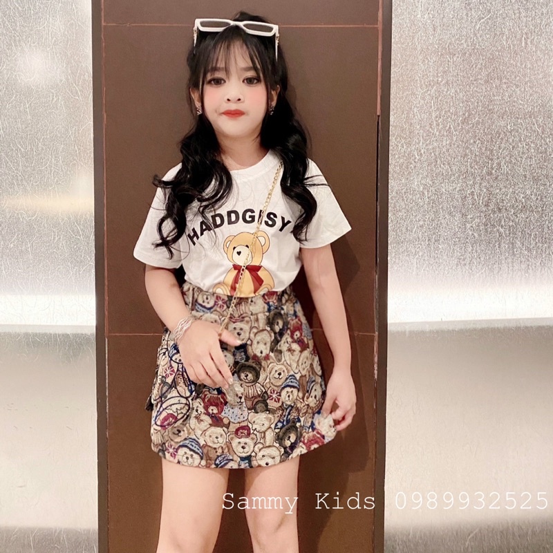 Set áo Phông Quần váy Gấm kèm Túi Gấu trang trí cho bé gái size đại 16-40kg xinh xắn