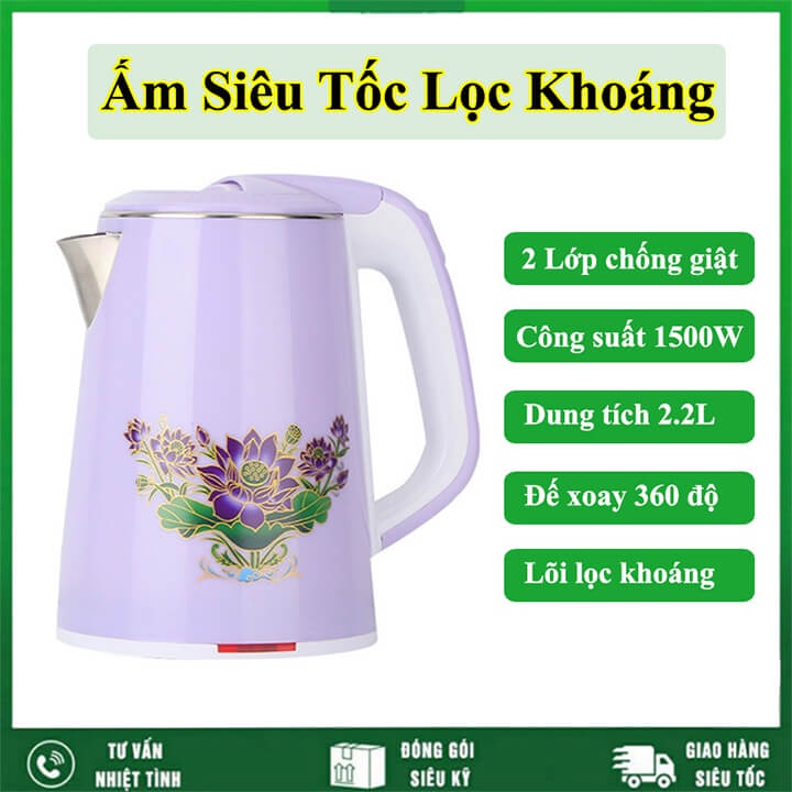 Ấm siêu tốc 2.2L lõi Inox 304 1500W, lõi lọc khoáng an toàn cho sức khỏe, Ấm đun nước siêu tốc