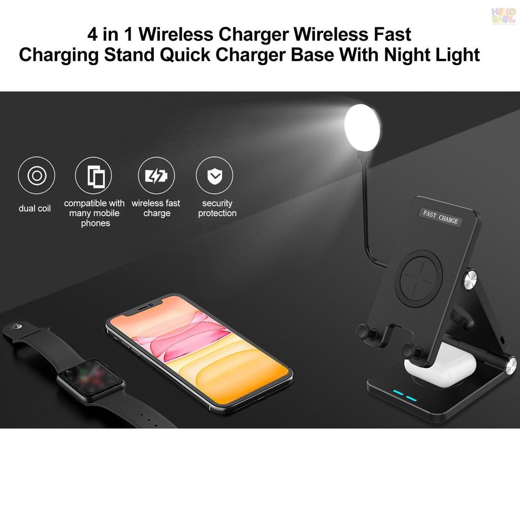 4 in 1 Wireless Charger Wireless Fast Charging Stand Quick Charger Base With Night Light QI Standard Replacement for iWatch Airpods Pro iPhone 12/11/11pro/X/XS/XR/Xs Max Samsung S10/S9 Wireless Charging Pad