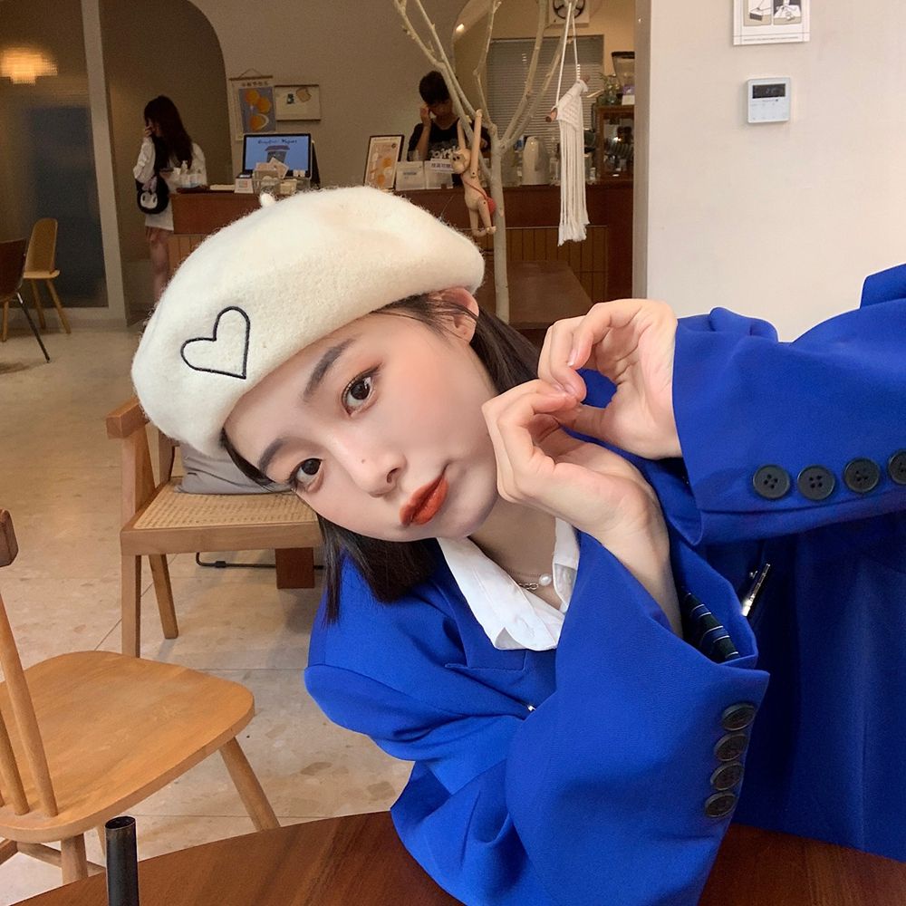 Mũ nồi vải len thêu họa tiết trái tim phong cách Hàn Quốc dễ thương cho nữ