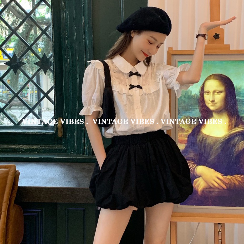 Áo babydoll cổ sen tay phồng phối nơ tiểu thư (hàng QC) - Ảnh thật | BigBuy360 - bigbuy360.vn