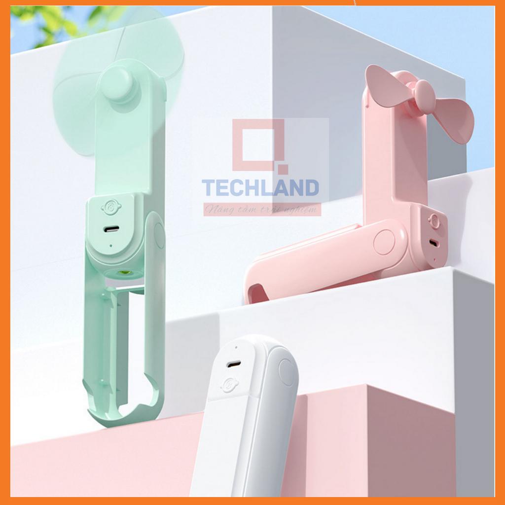 Quạt cầm tay mini gấp gọn tích hợp đèn pin giá đỡ điện thoại và gương USB đa năng có đế để bàn tiện lợi QTechLand shop