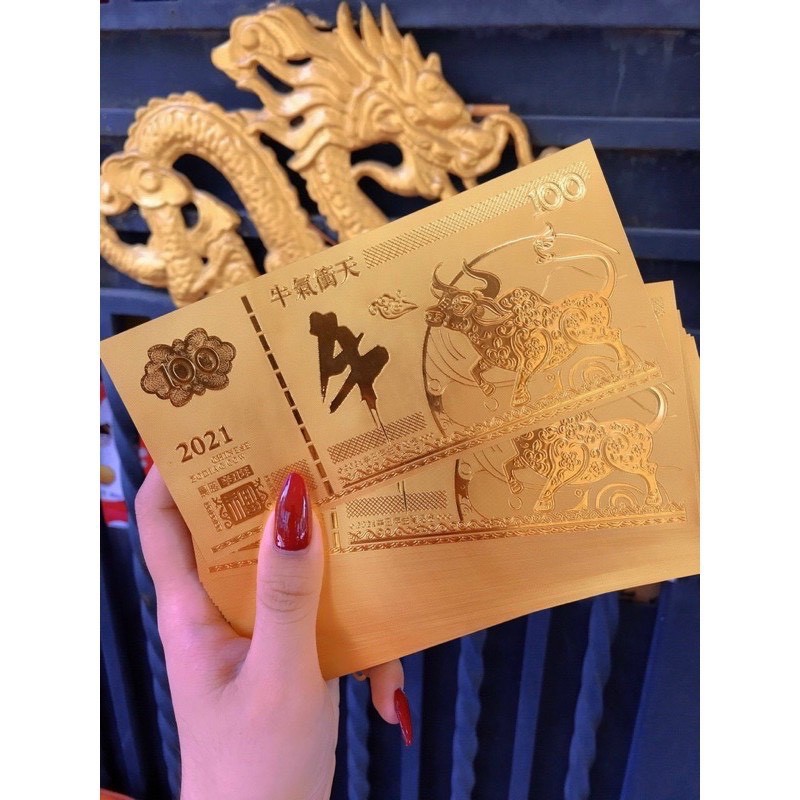 [ COMBO 10 Tờ ] Plastic vàng hình con Trâu Macao - Tiền Lì Xì 2021