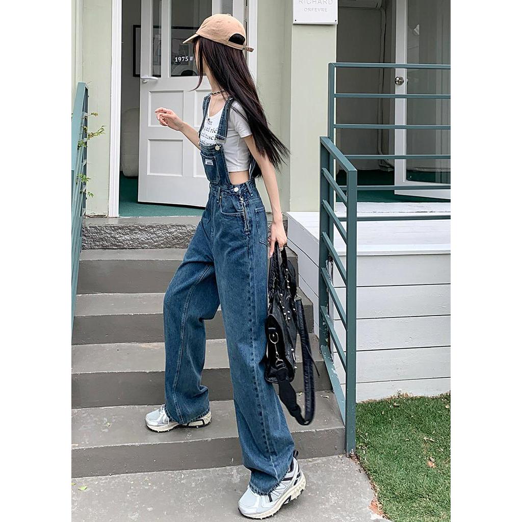 Quần Yếm Denim Ống Rộng Lưng Cao Thời Trang Mùa Hè Mỹ Kiểu Retro Cá Tính 63753