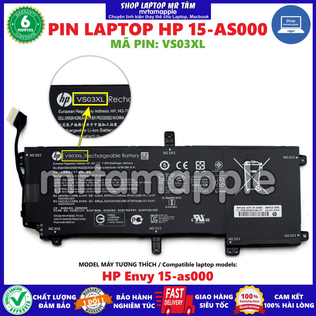 Pin Laptop HP 15-AS000 VS03XL (ZIN) - 6 CELL - Envy 15-as000 15-as006ng 15-as014wm 15-as024TU 15-as00 VS03XL
