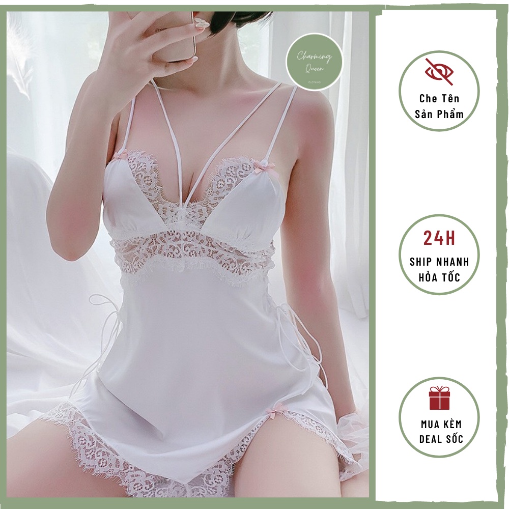 Đồ Ngủ Sexy, Váy Ngủ hai dây lụa mềm pha ren xẻ tà có kèm quần lọt khe gợi cảm quyến rũ --CharmingQueen