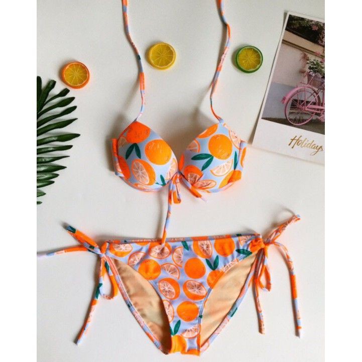 Bikini 2 mảnh cạp thấp có gọng quả cam nổi bật mặc đi biển đi bơiMới nhất 2021