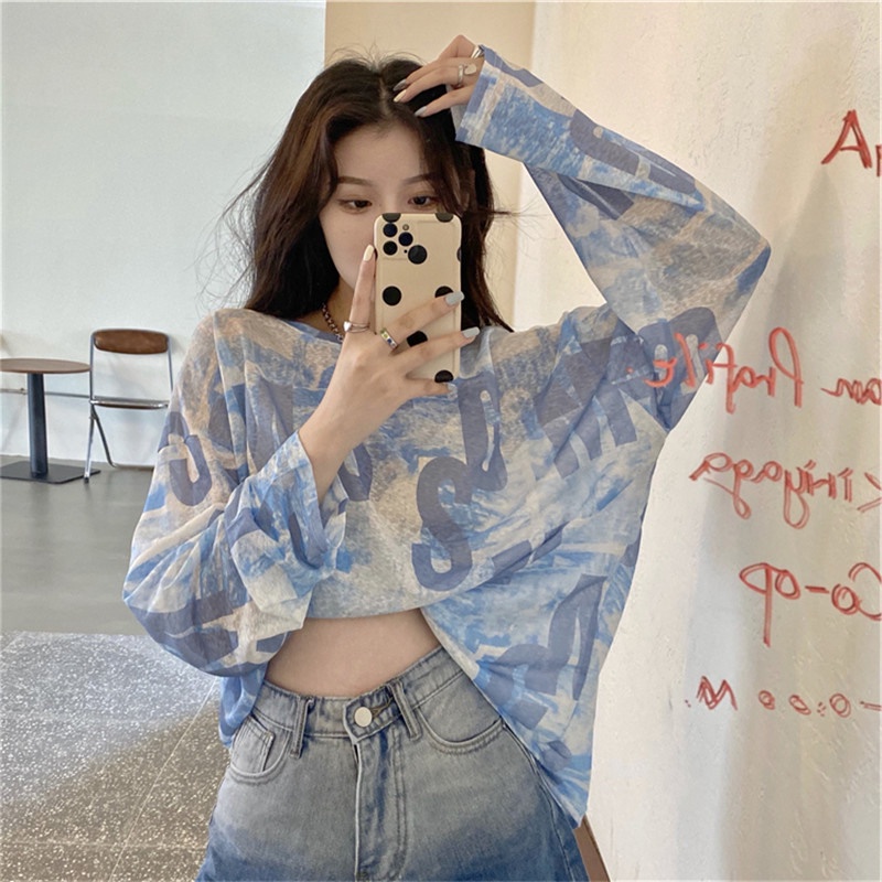 Porozi  Áo thun  tay dài cổ tròn vải mỏng dáng rộng chống nắng phong cách Hàn Quốc thời trang cho nữ