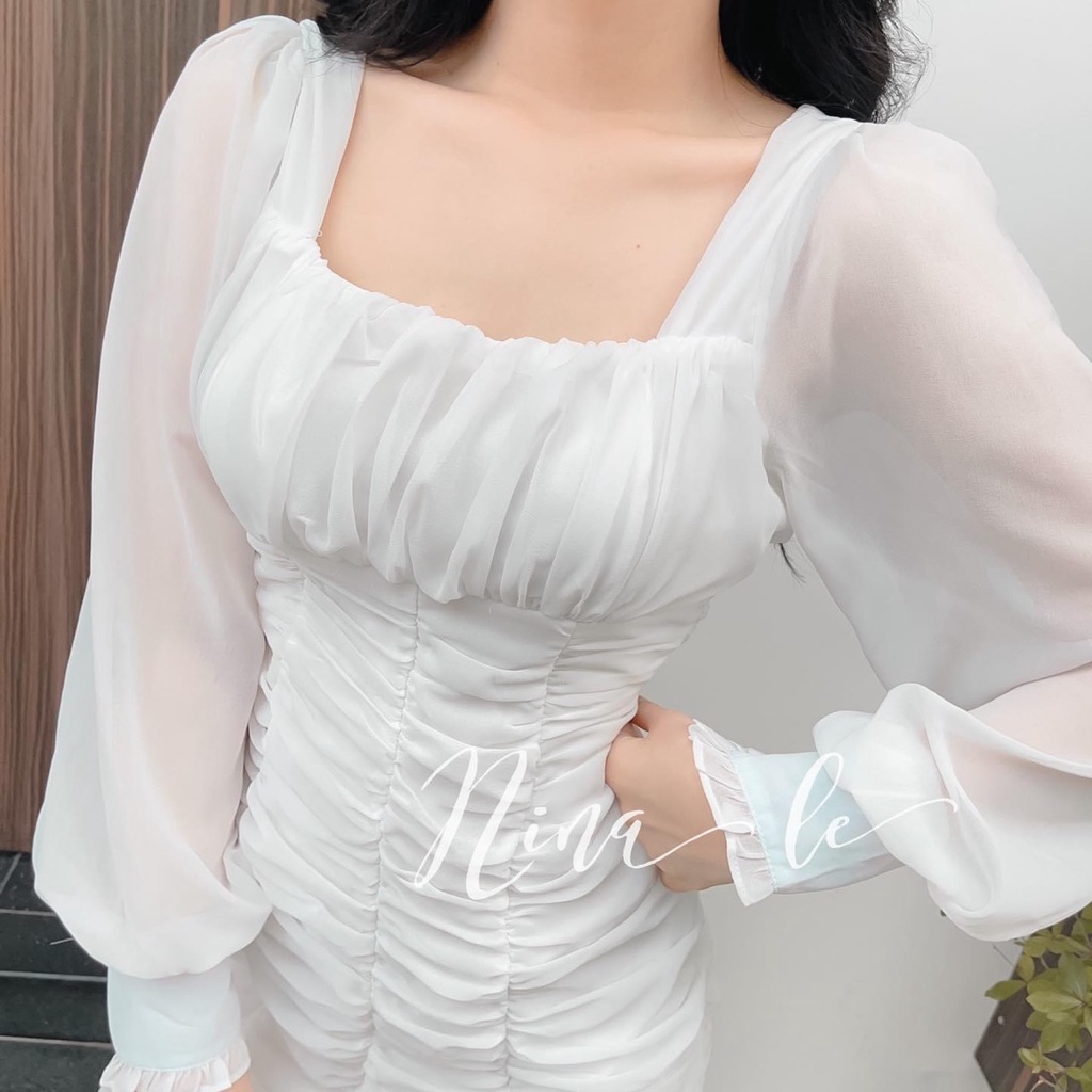 Đầm Body Trắng Dài Tay Dự Tiệc Dáng Nhún Đuôi Cá