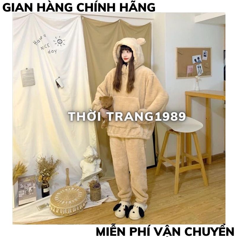 Bộ ngủ nữ Sét lông mũ tai Gấu đủ màu siêu xinh, dễ mặc,dày dặn ,bộ ngủ lông gấu ,áo hoodie lông gấu ,TT 1989
