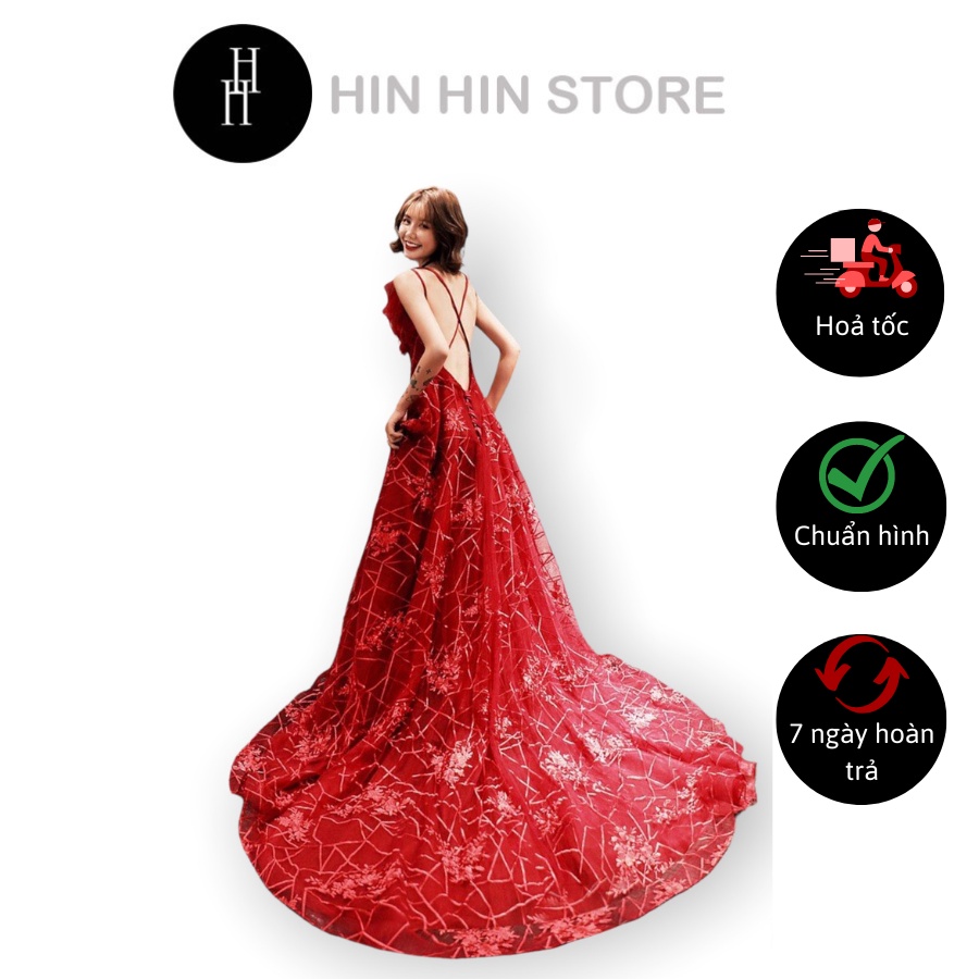 Đầm dạ hội cao cấp hở lưng màu đỏ rượu H155 Hỉn Hỉn Store