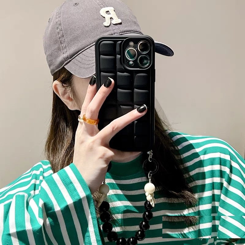 Ốp Điện Thoại Hình Vuông Màu Đen Phối Dây Đeo Sợi Xích Cho Iphone 12 pro max 13 13 pro max11 pro max xs max xr x
