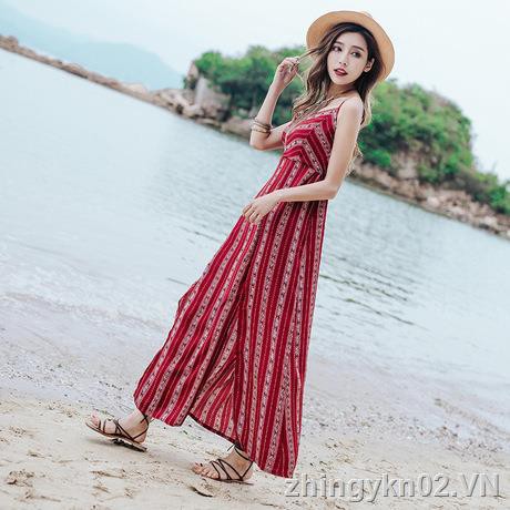 【In Stock & COD】Đầm Đi Biển Hai Dây Dáng Dài Phong Cách Bohemian Thời Trang Mùa Hè 2017