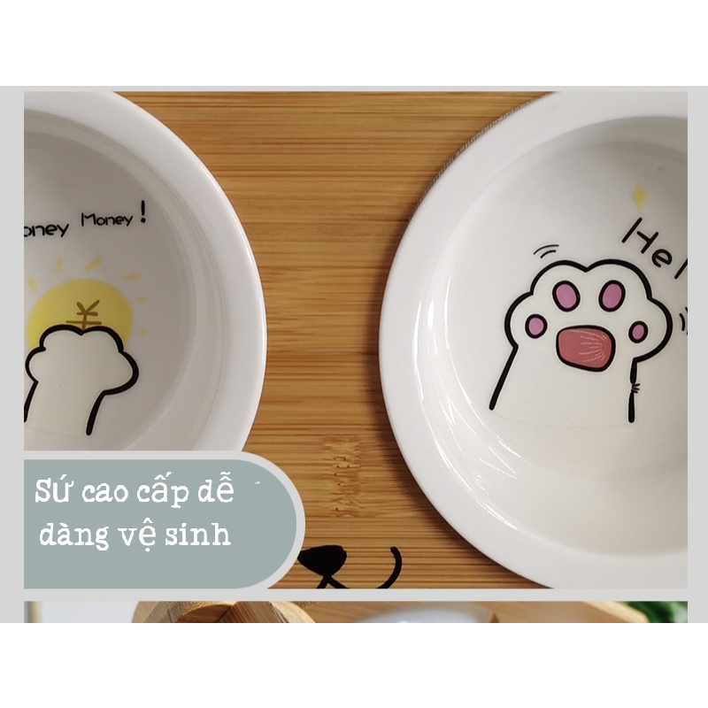 Bát ăn cho mèo bằng sứ cao cấp chống gù lưng - chén ăn đế gỗ chống lật cho thú cưng