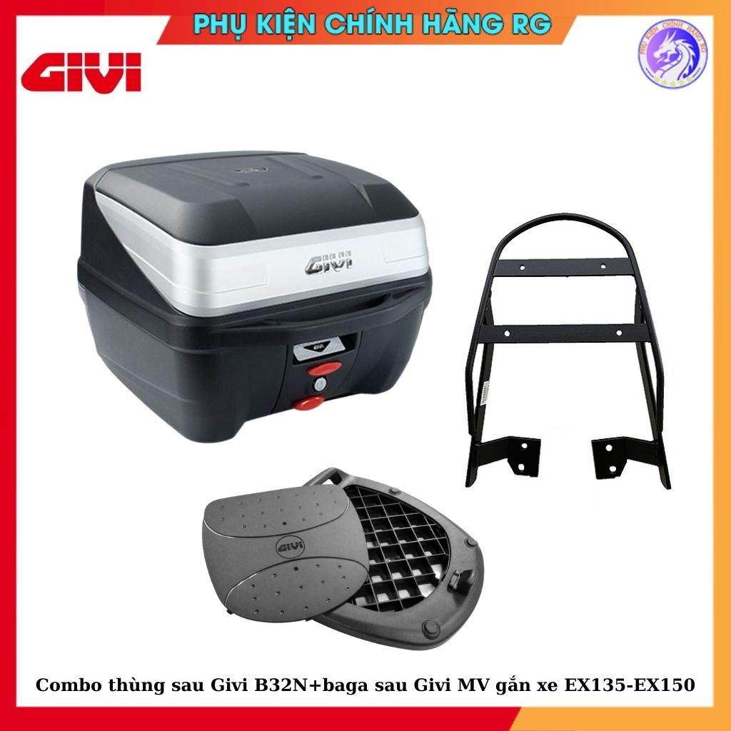 Combo thùng sau xe máy Givi B32N và baga sau Givi MV gắn xe Exciter135 - Exciter150 chính hãng bảo hành 2 năm