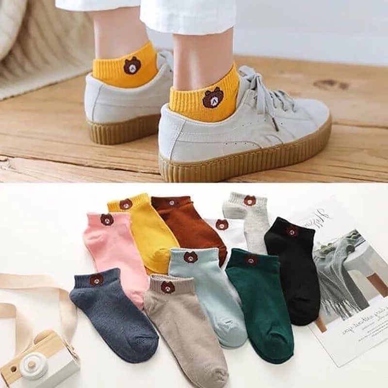 Combo 10 đôi tất nữ cổ ngắn hình gấu kute tặng kèm túi rút