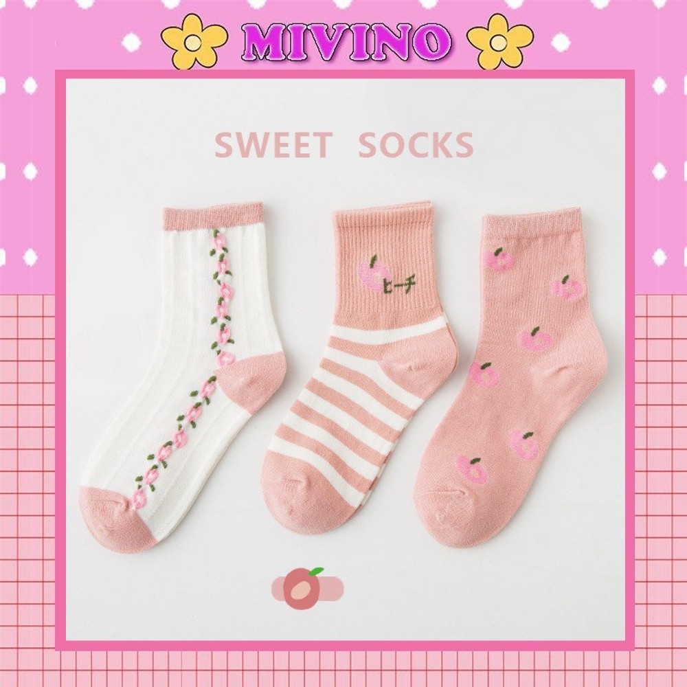 Set 3 đôi tất nữ Mivino vớ cổ cao hồng hoạt tiết hình quả đào đáng yêu TN96