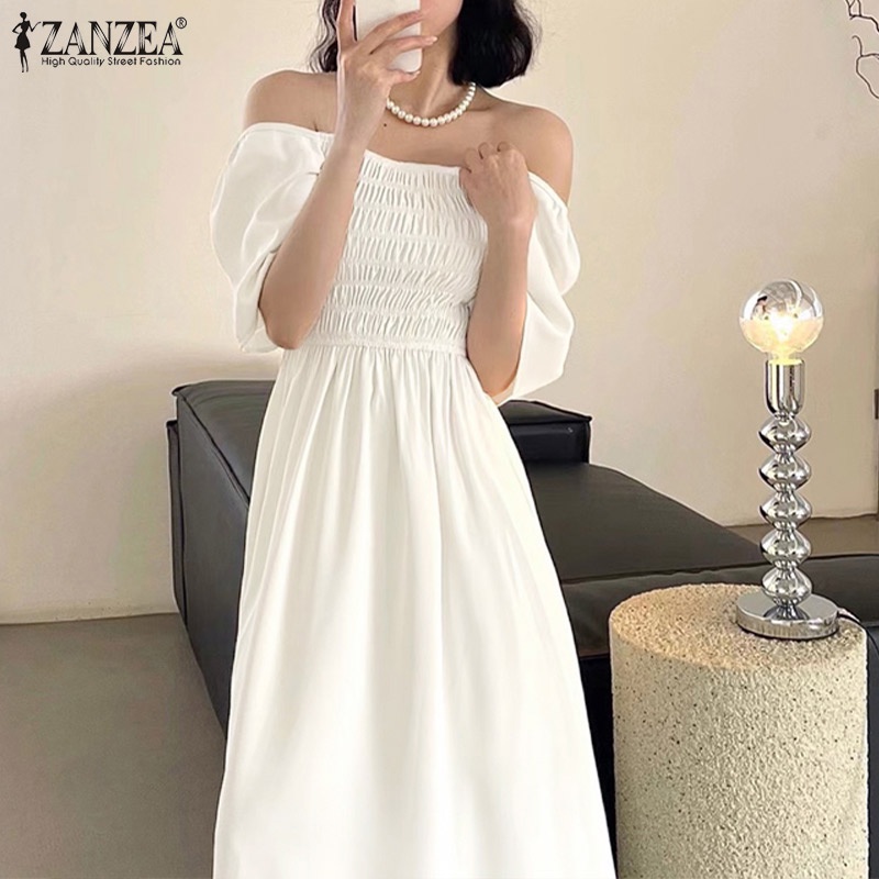 Zanzea Đầm Dài Cổ Vuông Tay Ngắn Phong Cách Hàn Quốc Tinh Tế Thời Trang Cho Nữ