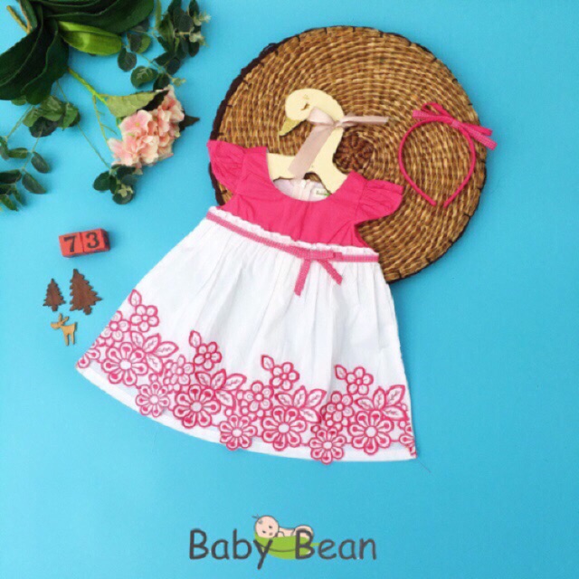 [MÃ THƯƠNG HIỆU YÊU THÍCH Voucher giảm 10%] Đầm Cotton Giấy thêu Bông Chân Bé Gái BabyBean