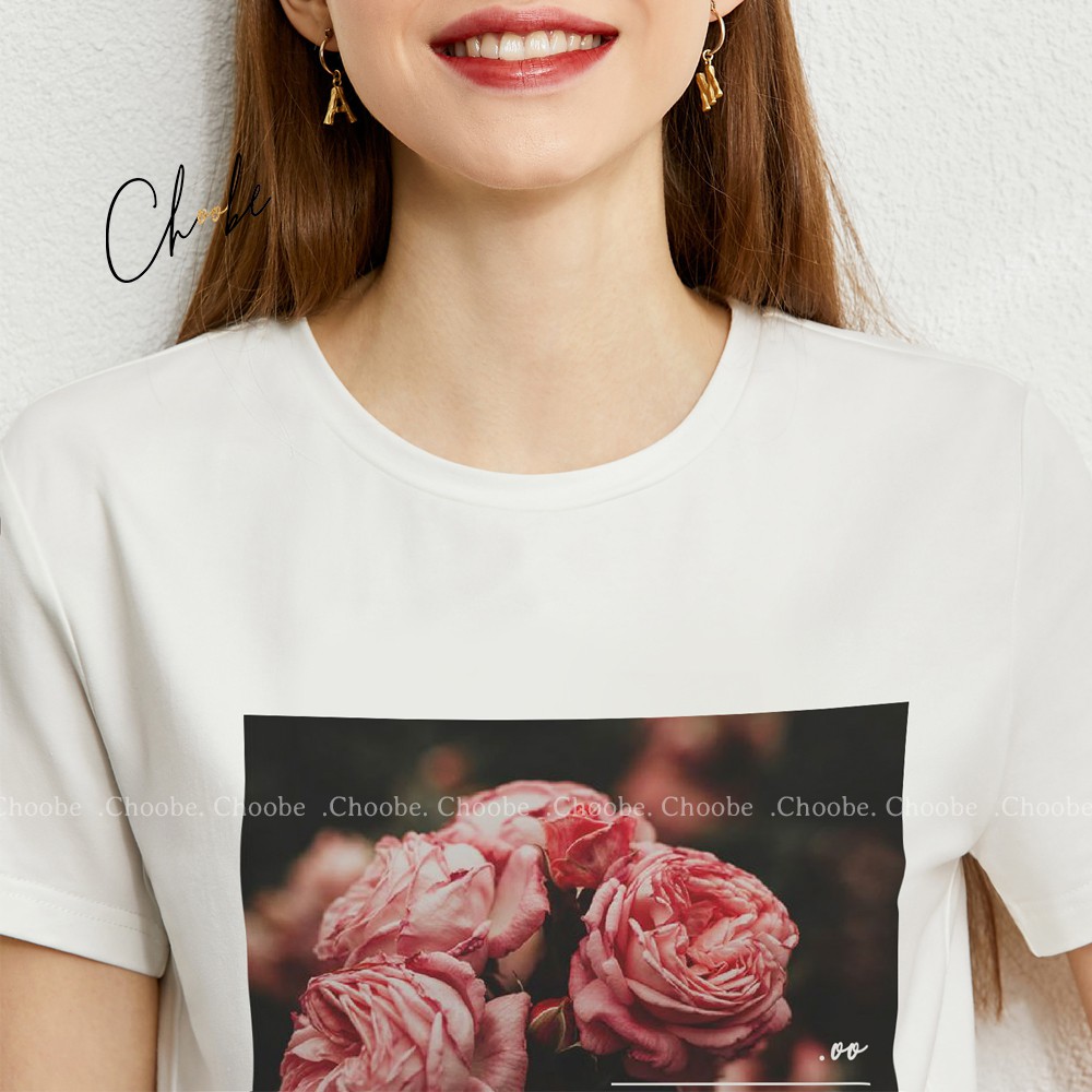 Áo phông nữ Choobe cộc tay Hoa Hồng thun cổ tròn form suông rộng vải cotton co giãn màu TRẮNG A13