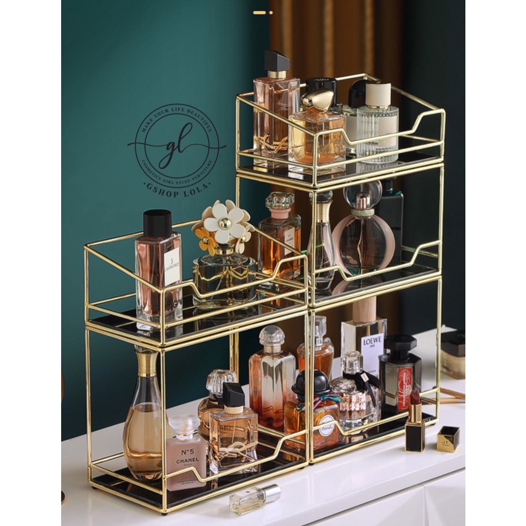 Kệ bày mỹ phẩm gold đá đen nhiều tầng khung gold cứng chống han gỉ, chống nước, thoải mái vệ sinh