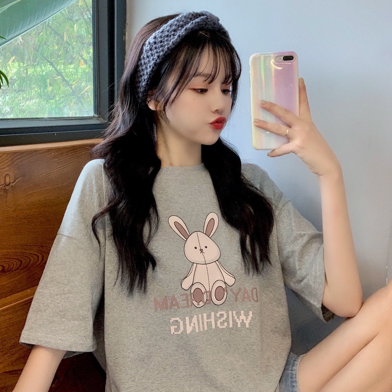 MS6612 Áo thun nữ in hình thỏ form rộng, áo thun cotton hè mát