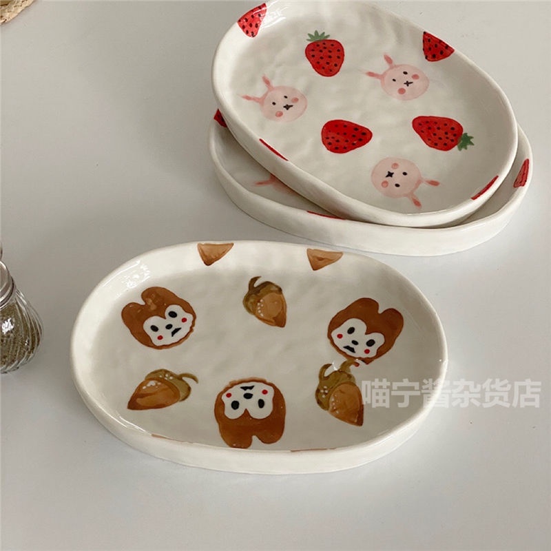 Đĩa Sứ Đựng Thức Ăn Tráng Miệng Họa Tiết Búa Đập Bênh Thủ Công Sáng Tạo Dễ Thương Niche