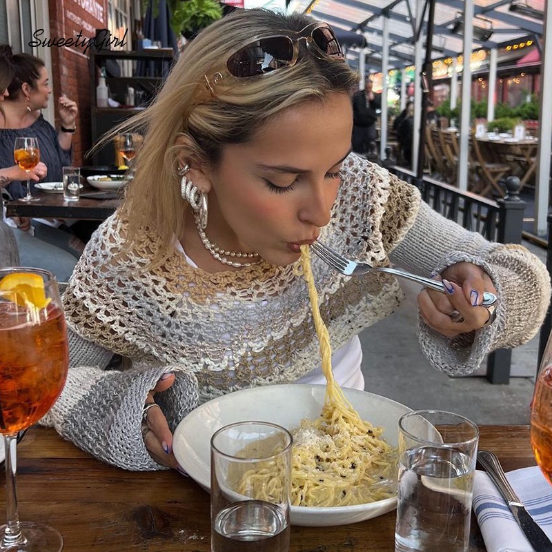 Áo Len Tay Dài Họa Tiết Kẻ Sọc Màu Sắc Tương Phản Phong Cách Vintage Cho Nữ