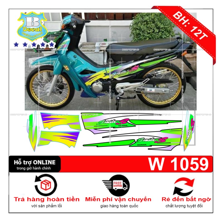 ( Quí khách vui lòng mang ra tiệm cho thợ dán ) Tem wave 110 smile S xanh ngọc đen