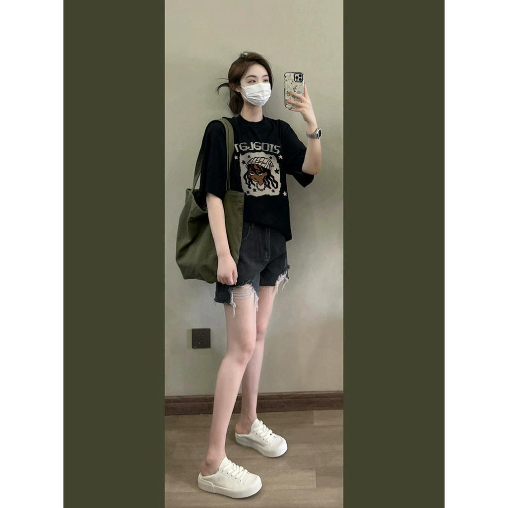 NUZIRO  Áo Thun Tay Ngắn In Họa Tiết Kiểu Retro Mỹ Xinh Xắn Cho Nữ